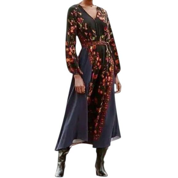 MES DEMOISELLES Digitale floral silk kaftan boho midi dress blue black Size 34 2 - Picture 7 of 7